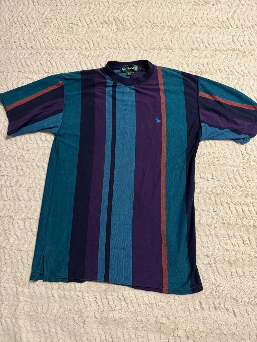 VTG 90s Knights of Round Table Striped Mock Neck Tee L Teal Purple Jewel Tone